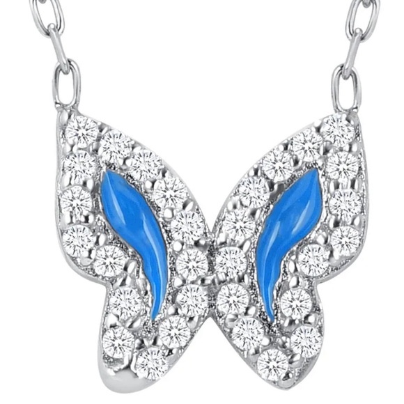 Tiny Butterfly Necklace With Clear And Blue Cz Stones